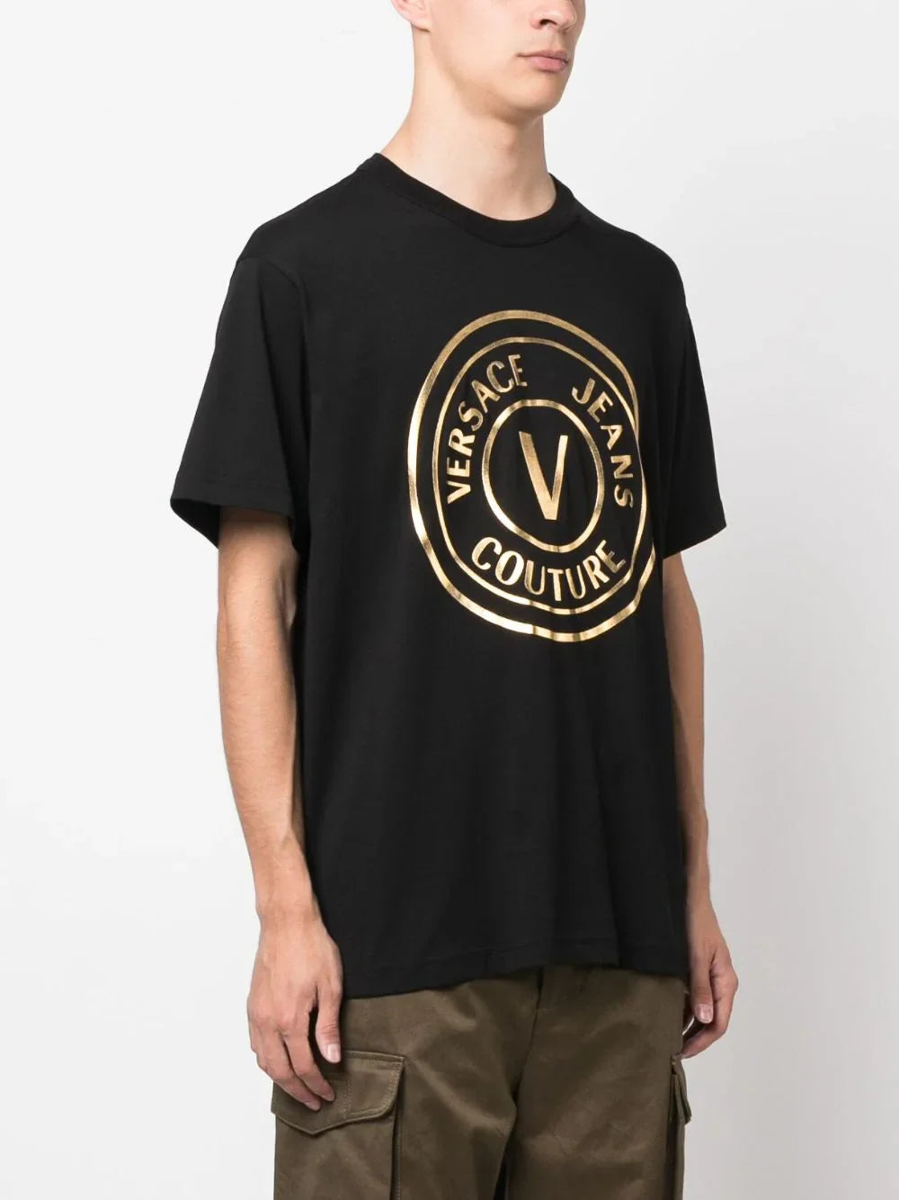 Golden Logo Print Black Cotton T-shirt