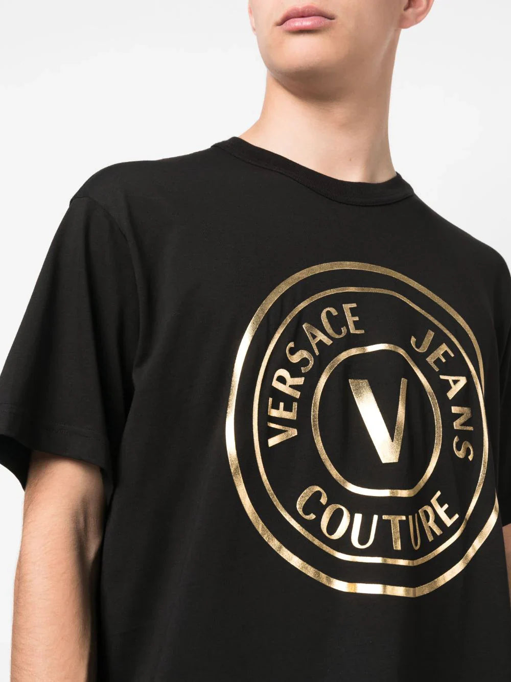 Golden Logo Print Black Cotton T-shirt