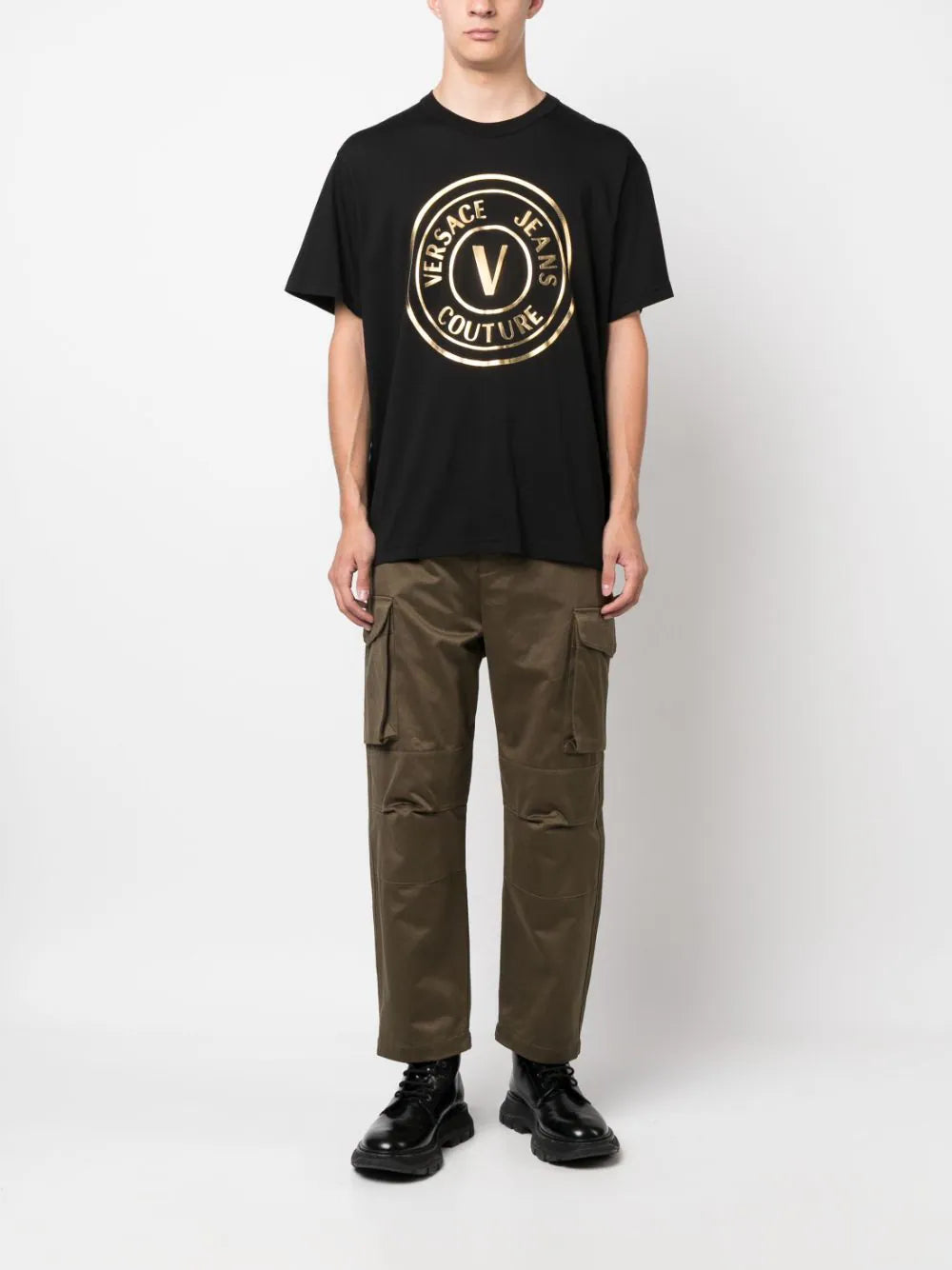 Golden Logo Print Black Cotton T-shirt
