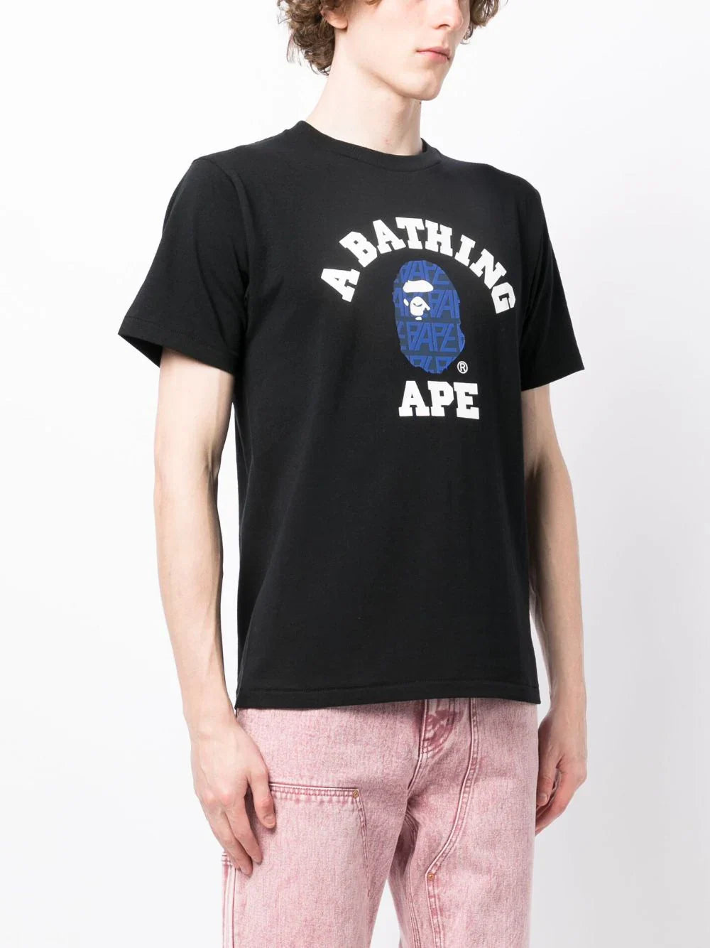 Blue Logo Print Black Cotton T-shirt