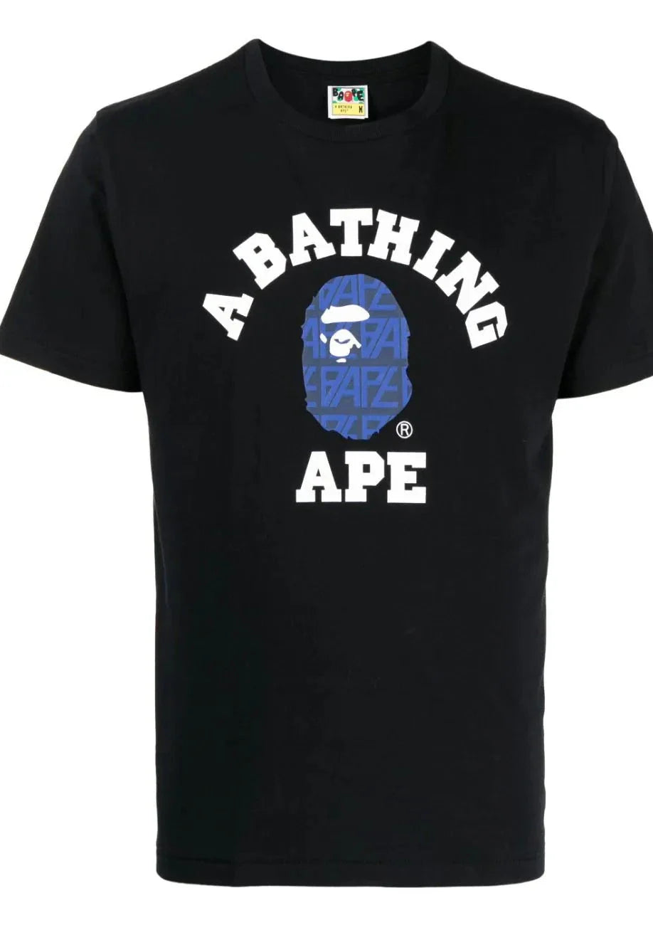Blue Logo Print Black Cotton T-shirt
