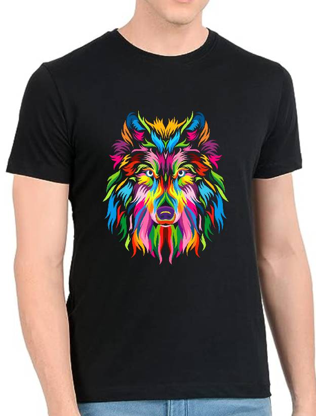 Men's Cotton Colorful Wolf Face Printed Regular T-shirt