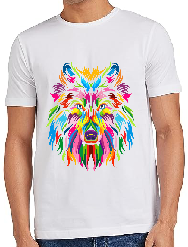 Men's Cotton Colorful Wolf Face Printed Regular T-shirt